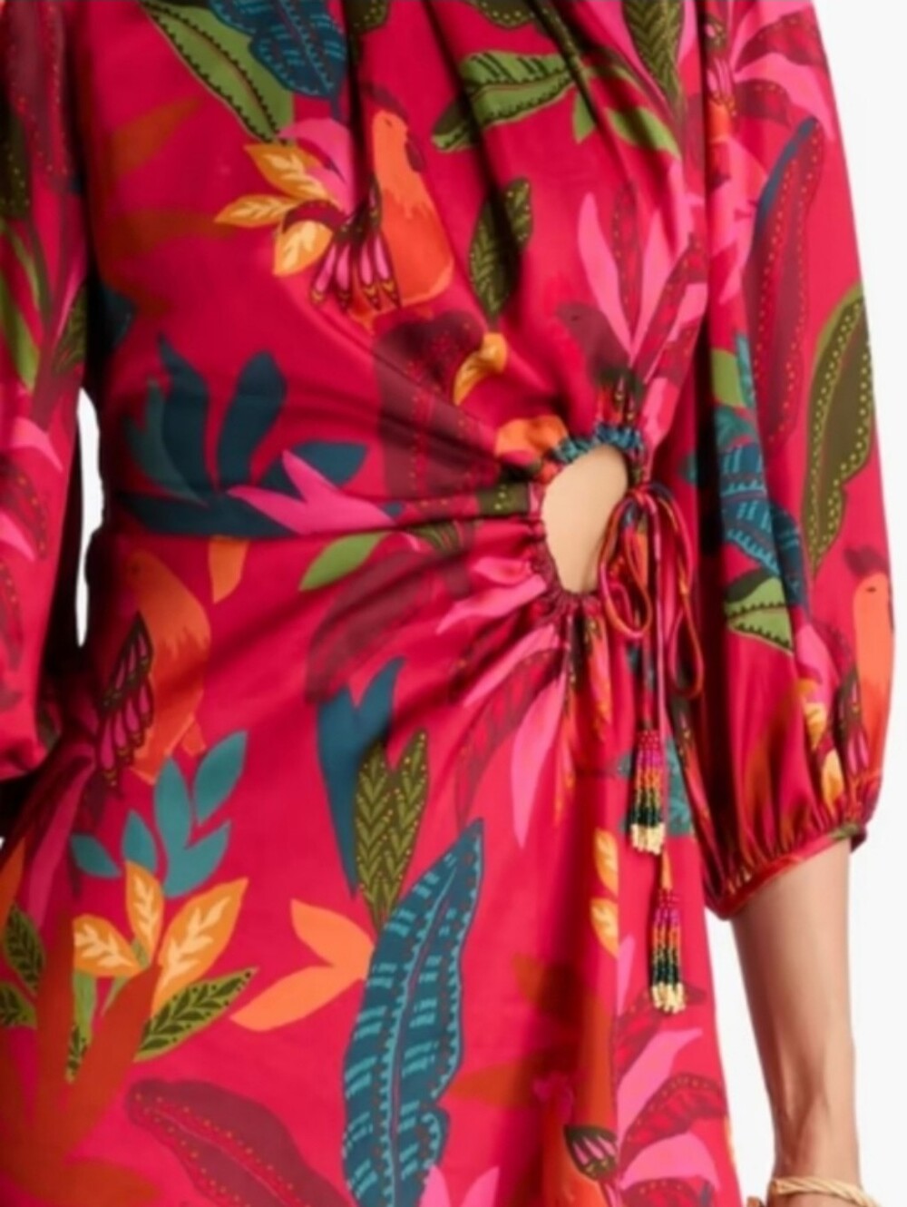 FARM Rio Red Rooster Leaves Cut Out Satin Dress Long Sleeve Mini Size L - Picture 3 of 17